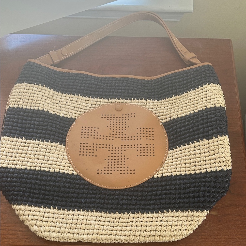 Tory Burch Striped Woven Tote Bag in Navy and Cream with Tan Trim